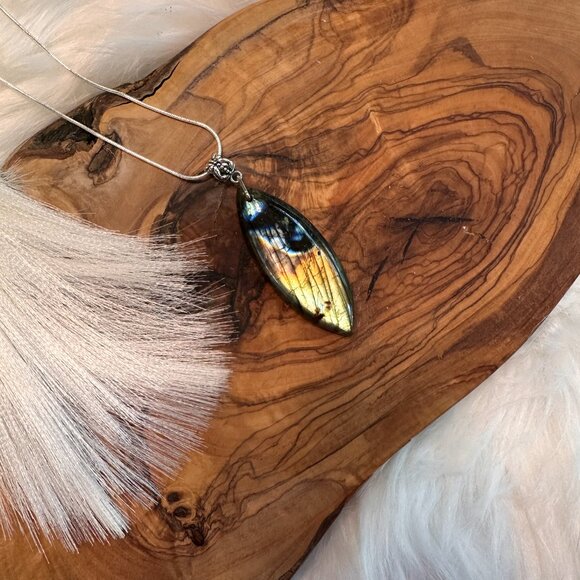 Labradorite Teardrop Necklace – 18" Sterling-Coated Chain - Picture 2 of 3